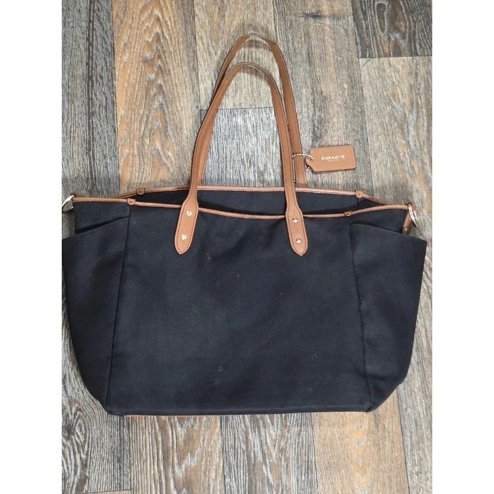 Coach Diaper Bag Tote Black Canvas Tan Leather Trim Gold Hardware F13803